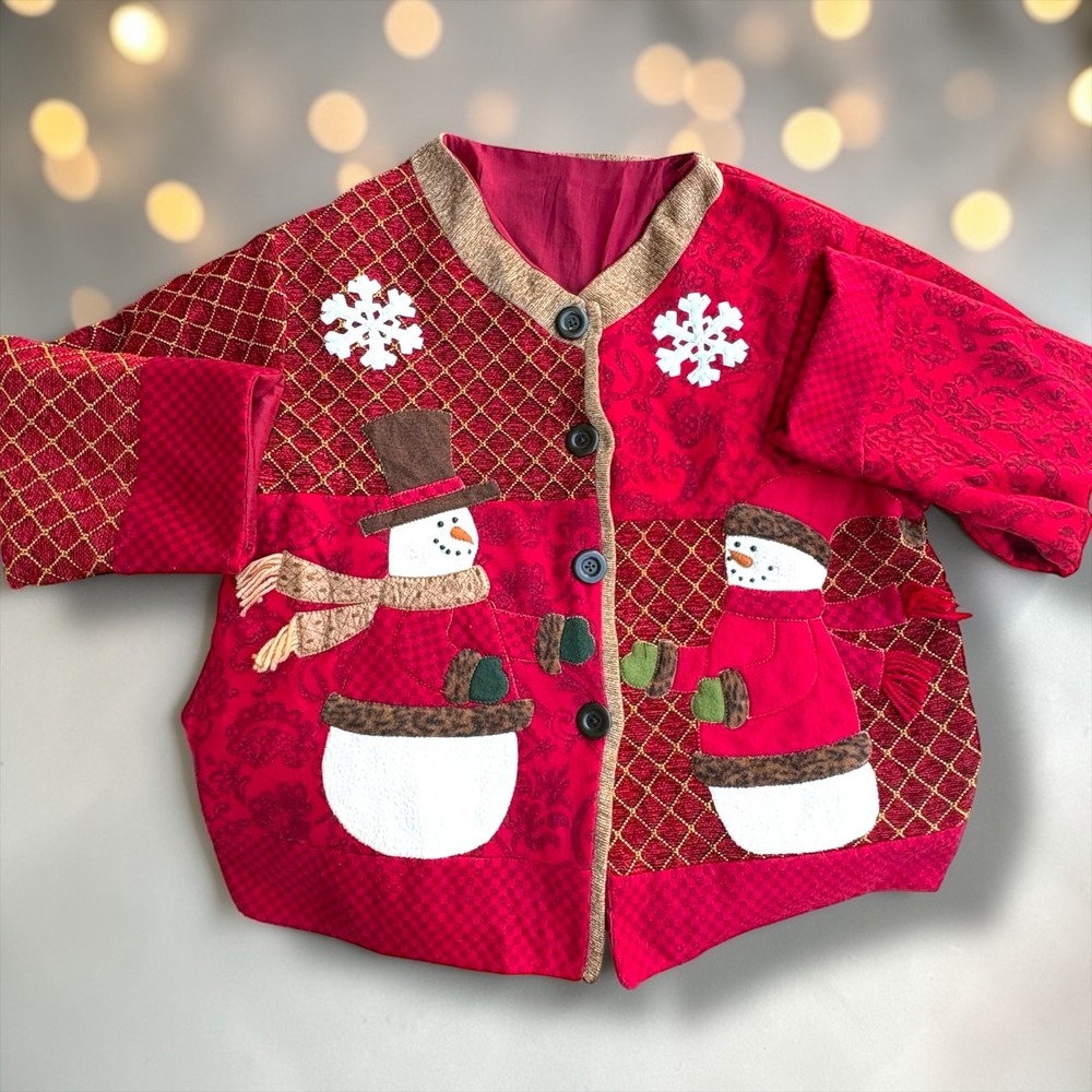 Kirklands Home Red‎ Patchwork Snowman Christmas Jacket Holiday Women One Size